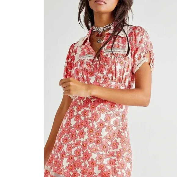 Free People Warm Glow Floral Cottagecore Prairie Ruffle Pink Retro Mini Dress S - Picture 1 of 7
